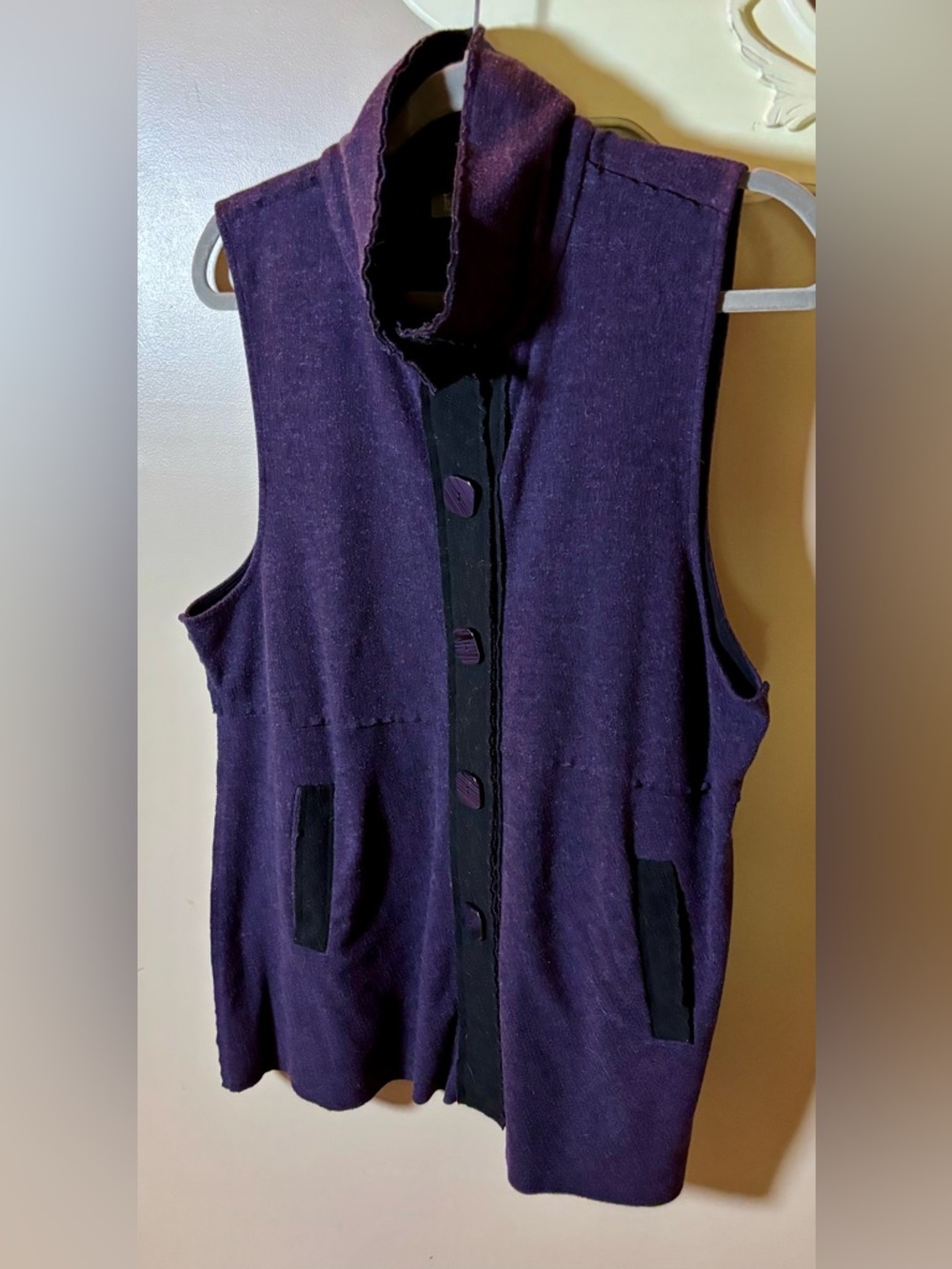 Habitat Purple Black Knit Sleeveless Vest Big Square Buttons Sz L Lagenlook